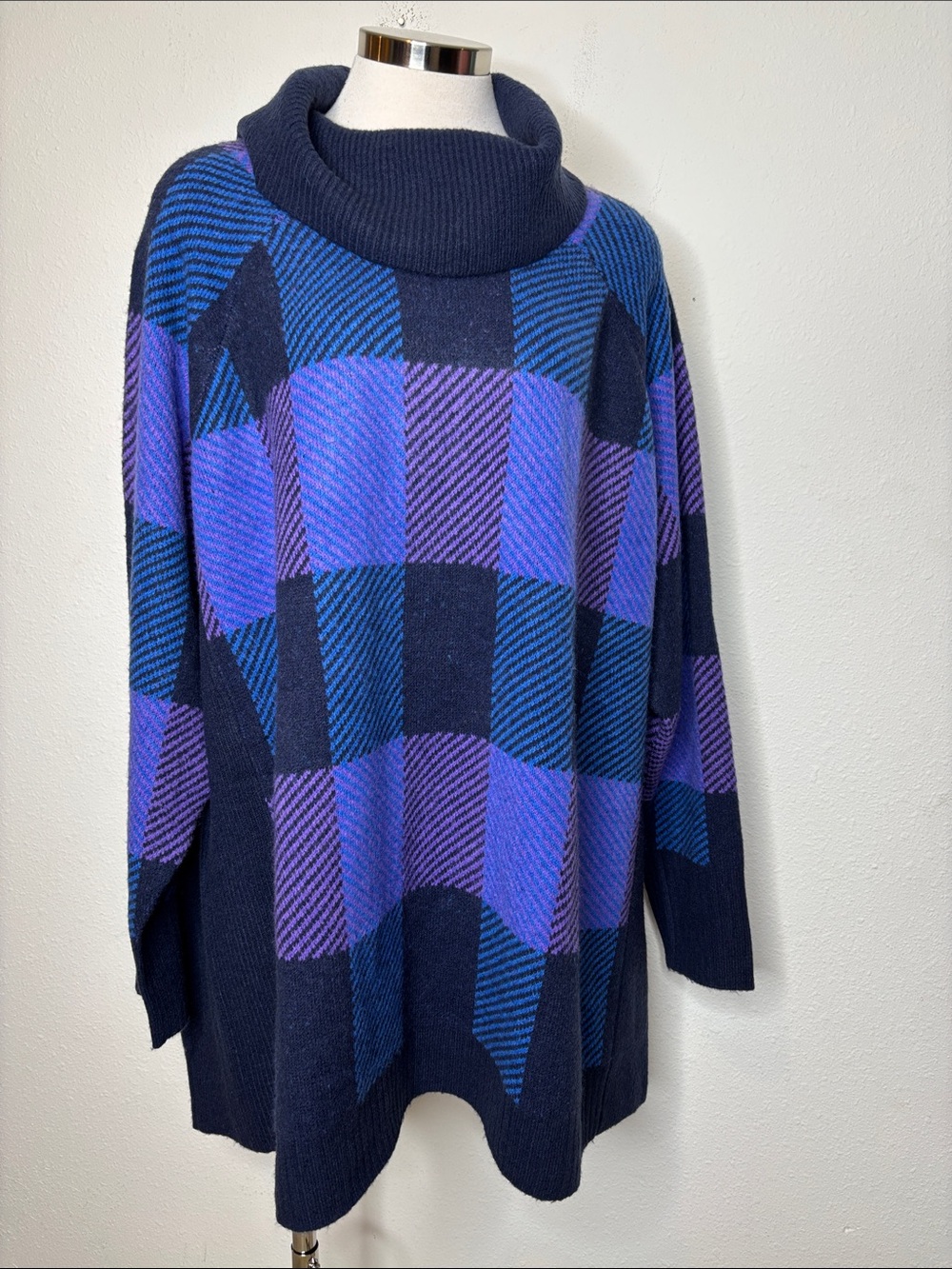 Women's Navy and Purple Plaid Turtleneck Sweater